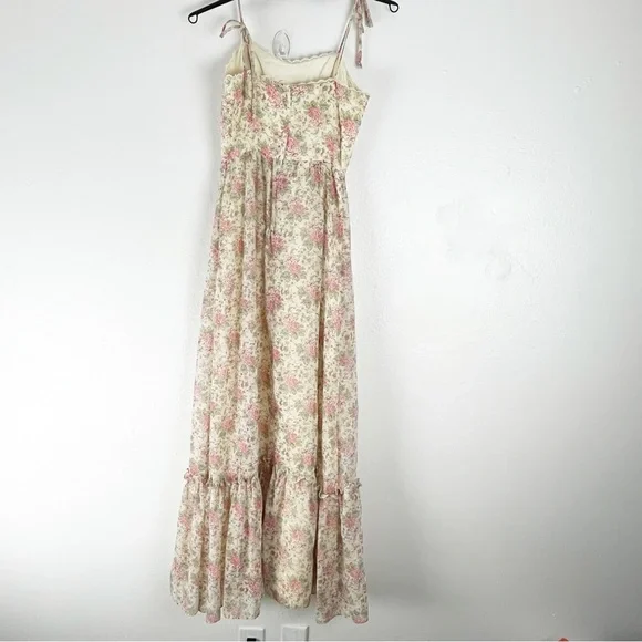 AMERICAN VINTAGE Floral Lace Trim Tie Should Straps Back Zipper Maxi Dress 7/8 - Picture 2 of 12